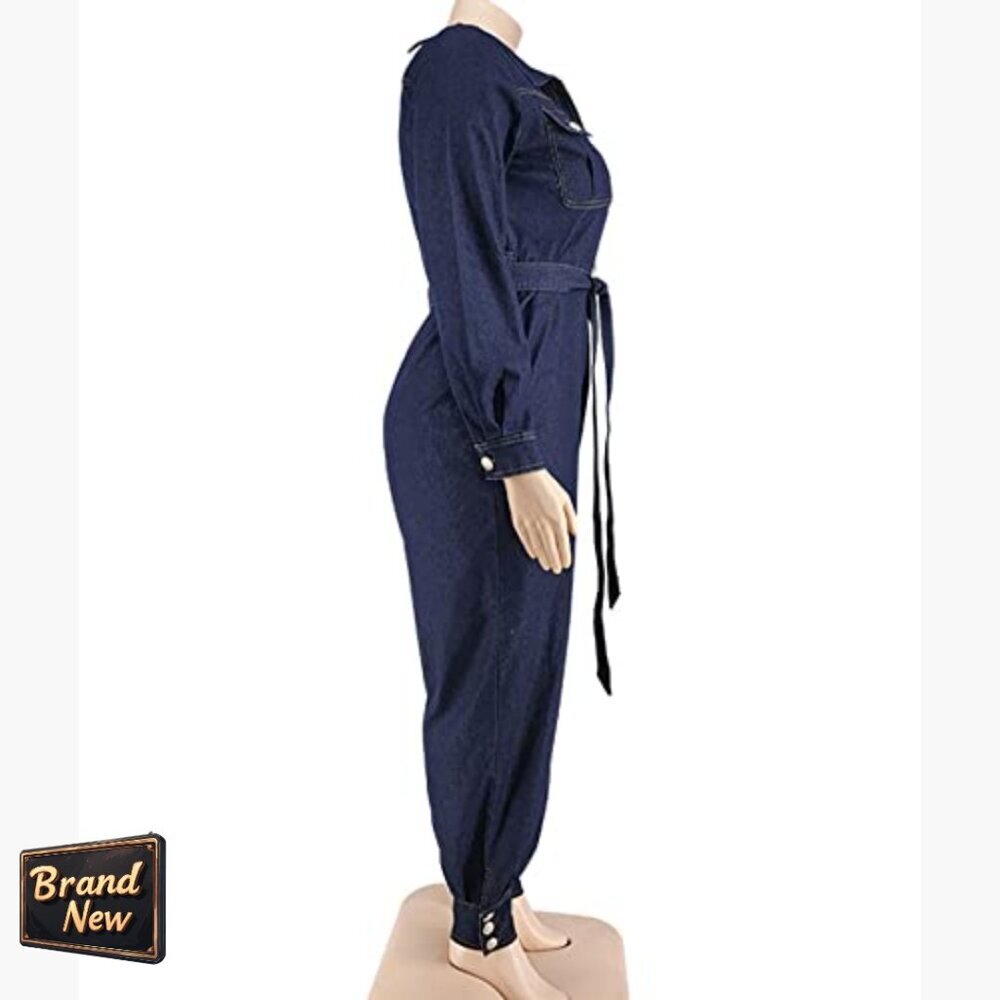 Plus Size Denim Jumpsuit Long Sleeve Button Down Overalls Casual Wear - Picture 5 of 6
